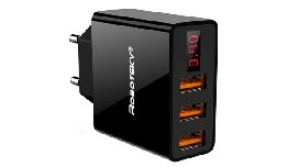 CHARGEUR SECTEUR RAPIDE USB 5V 3 PORTS 3.4A MAX AVEC AFFICHAGE V-A