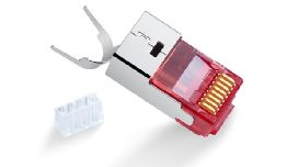 FICHE RJ45 BLINDE A CONTACTS EN PLAQUE OR CAT 7 AVEC MANCHON